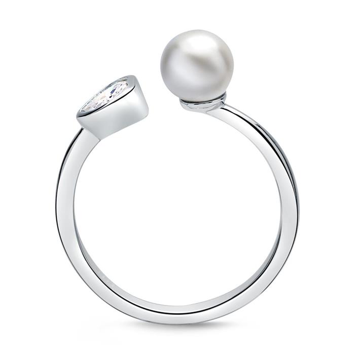 Sterling silver ring open with pearl and zirconia