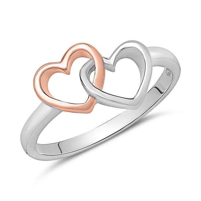 Ladies ring in sterling silver with hearts bicolor