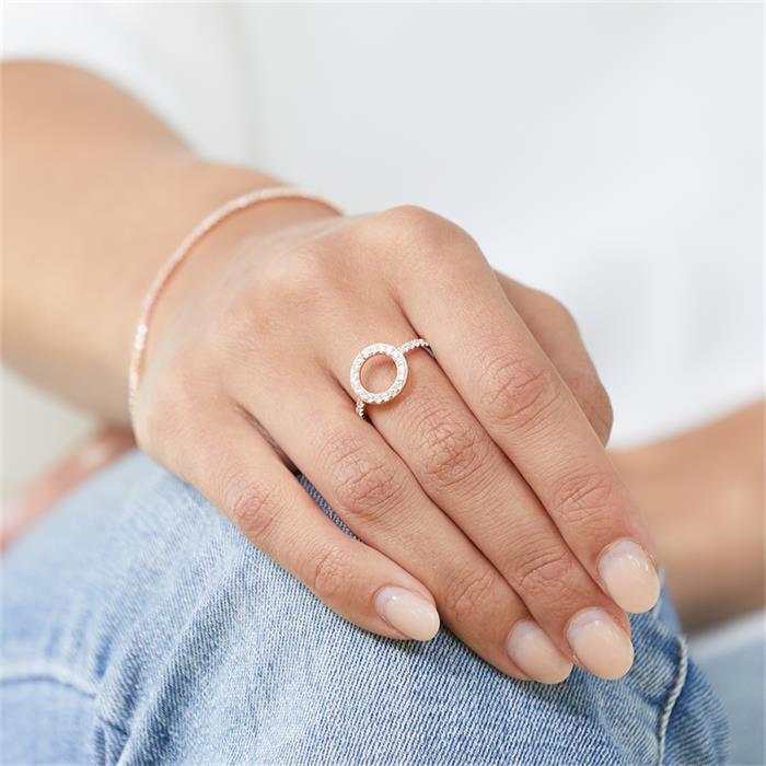 Anillo diseño círculo plata 925 oro rosa circonitas