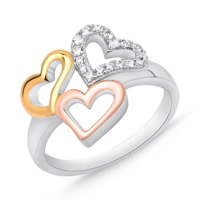 Ring hearts sterling silver tricolor with zirconia