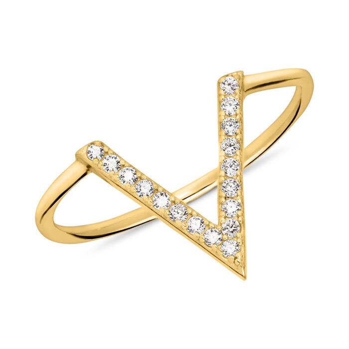 Unique Gold Plated 925 Silver Ring In V Design With Zirconia Sr0437