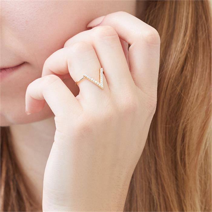 Gold-plated 925 silver ring in V-design with zirconia