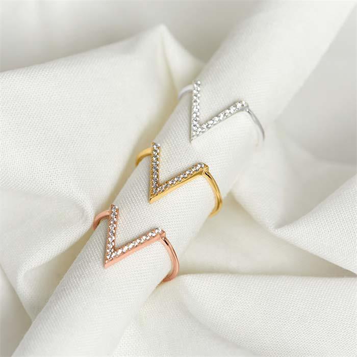 V-Ring In Rose Gold-Plated 925 Silver With Zirconia