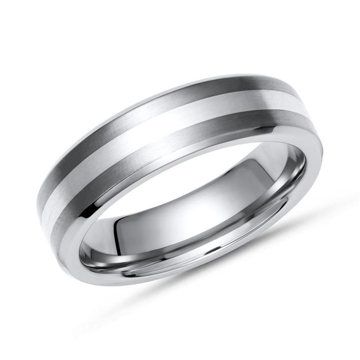 Elegante anillo de titanio mate con incrustaciones de plata