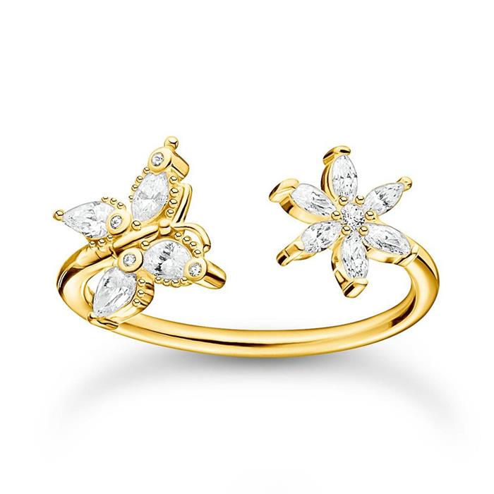 Ladies ring butterfly flower in 925 silver, gold