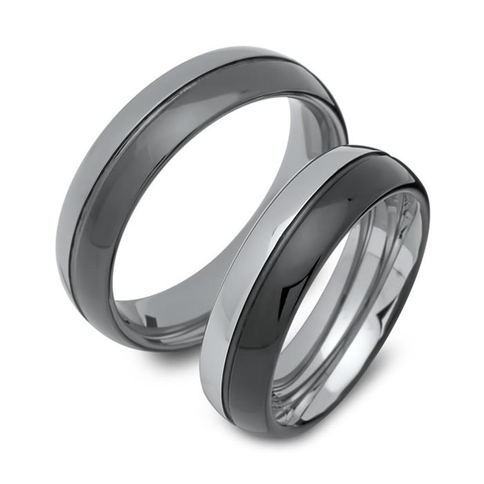 Black Titanium Couple's Wedding Ring Set with Dual Grooves