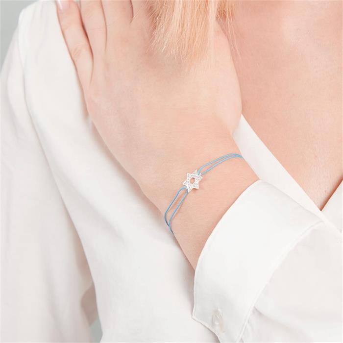 Blauwe textiel armband met zilveren element