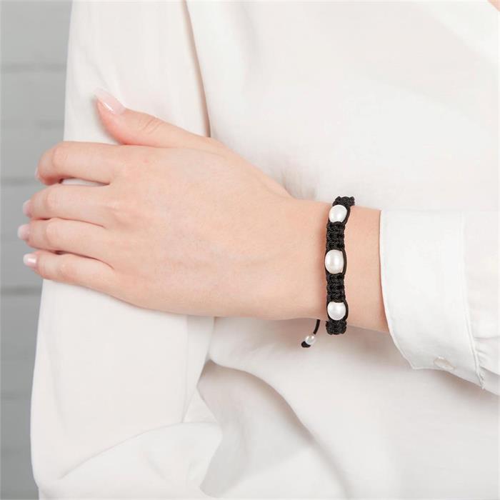 Zwarte textiel armband met witte parels