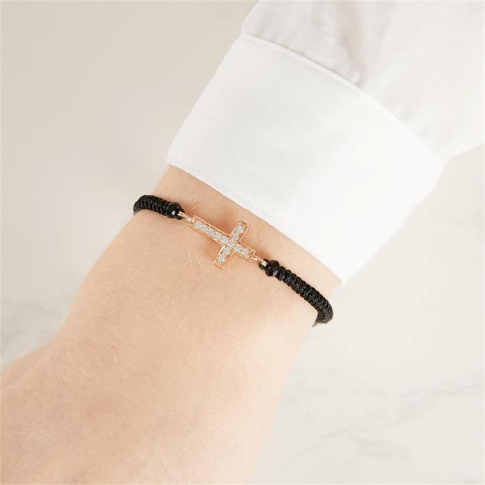 Textiel armband verguld zilveren hanger kruis