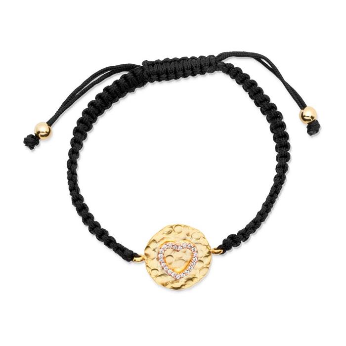 Textile bracelet gold plated silver pendant heart