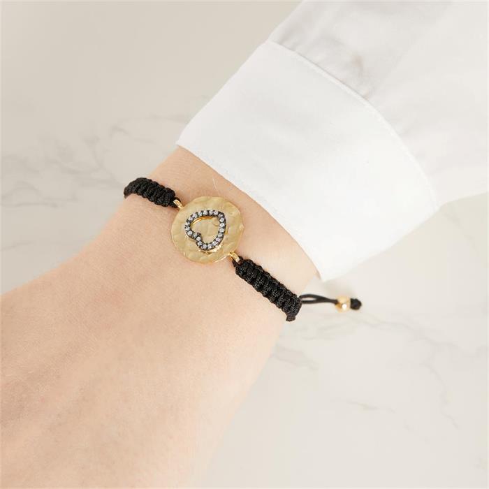 Pulsera textil colgante plata ennegrecida corazón