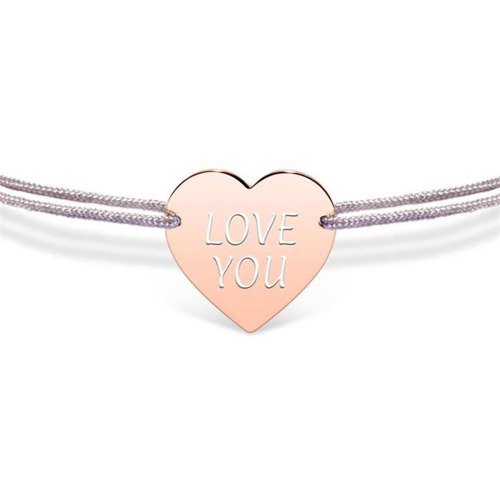 Engravable Heart Bracelet In Grey Textile, Rosé