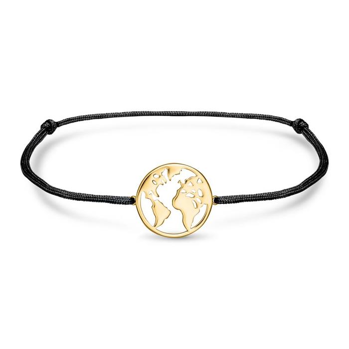 Textiel armband wereldkaart in 925 zilver, zwart-goud