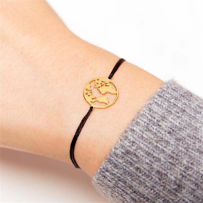 Pulsera textil mapamundi de plata 925, oro negro