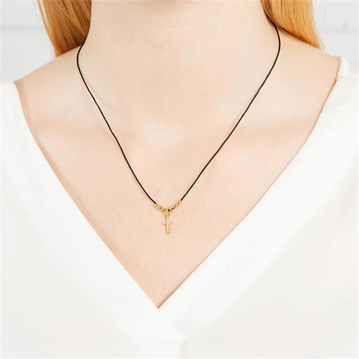 Textile necklace gold-plated sterling silver cross