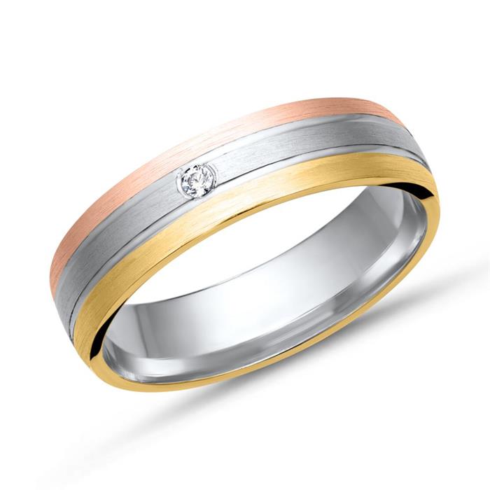 Wedding rings 8ct tricolour gold with diamond