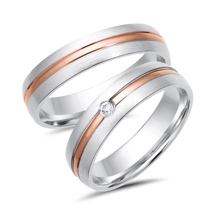Wedding rings 18ct white and rose gold with diamond