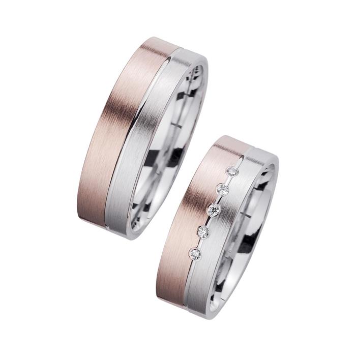 Wedding rings red and white gold with diamonds width 6.5 mm
