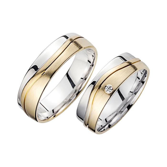 Wedding rings yellow and white gold with diamond width 6 mm