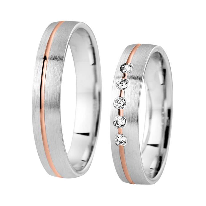 Wedding rings red and white gold with diamonds width 4 mm