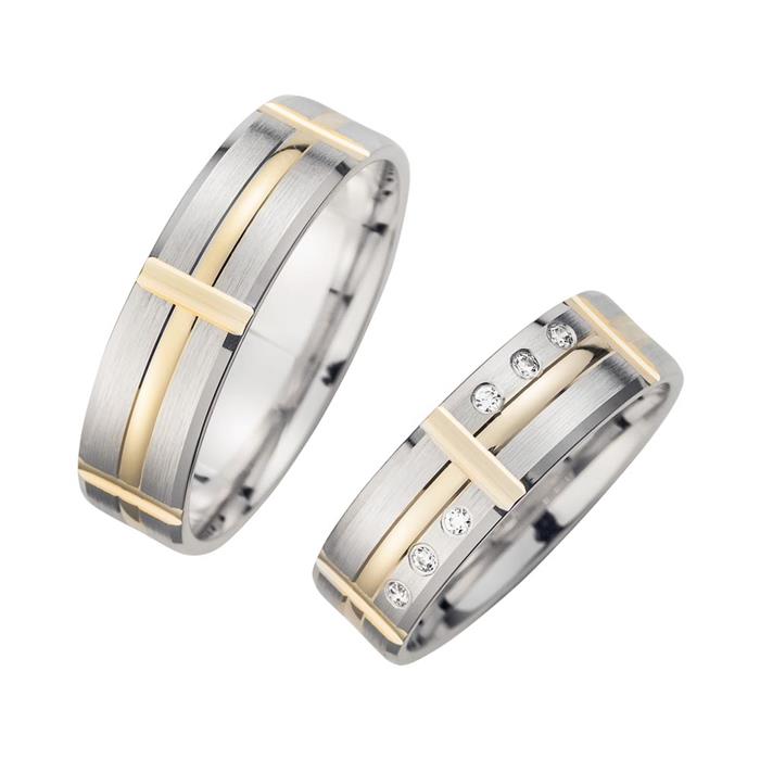 Wedding rings white and yellow gold with diamonds width 6 mm