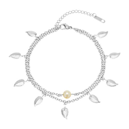 Stainless Steel Foot Chain Leaves Double Row Pearl