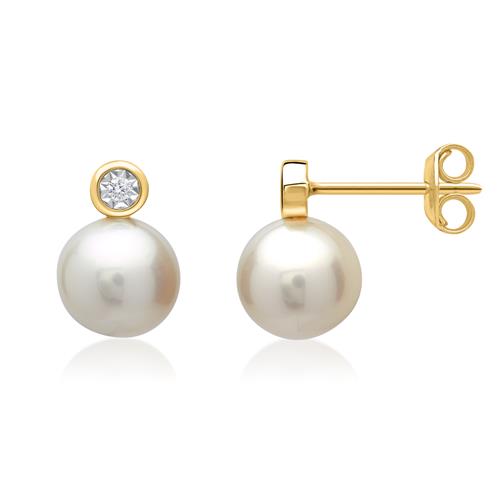 14ct Yellow Gold Earrings Pearl 2 Diamonds