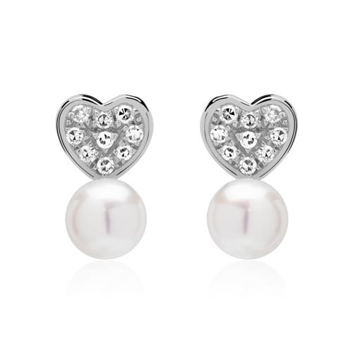 Pearl Earrings Hearts In 14K White Gold With Diamonds