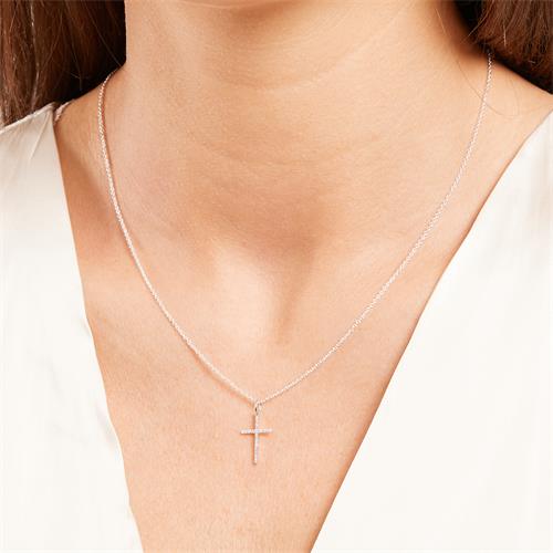 Ladies necklace cross in 14ct white gold with diamonds