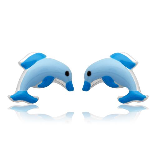 Kinderohrstecker Silber mit Delfinmotiv blau