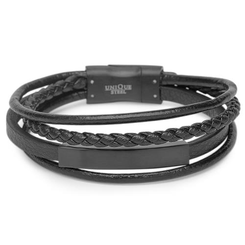 Engravable Imitation Leather Bracelet 4 Strands Black