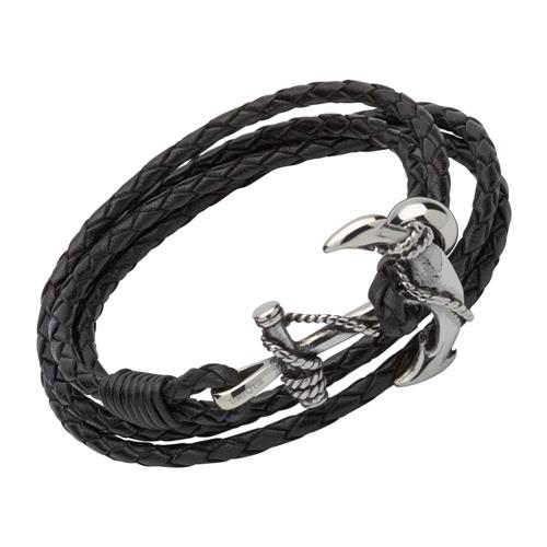 Bracelet In Black Leather With An Anchor Clasp