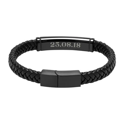 Engravable Bracelet In Black Imitation Leather And Stainless Steel