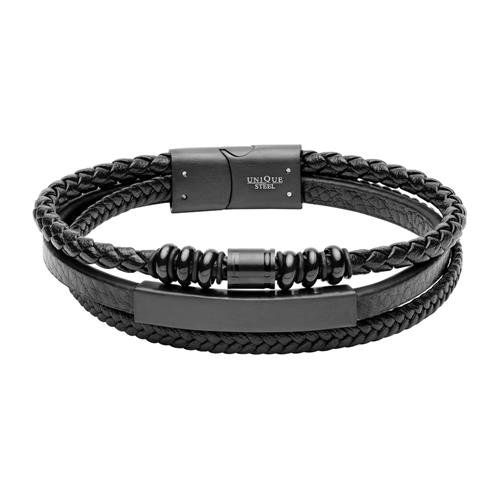 Black Imitation Leather Bracelet, Multiple Strands And Engravable