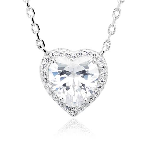 Sterling Silver Necklace Polished With Heart Zirconia
